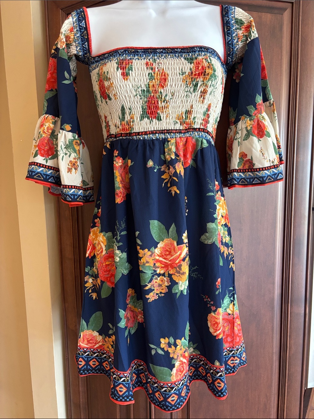 Flying Tomato Navy Floral Smocked Midi Dress with Orange & Yellow Roses